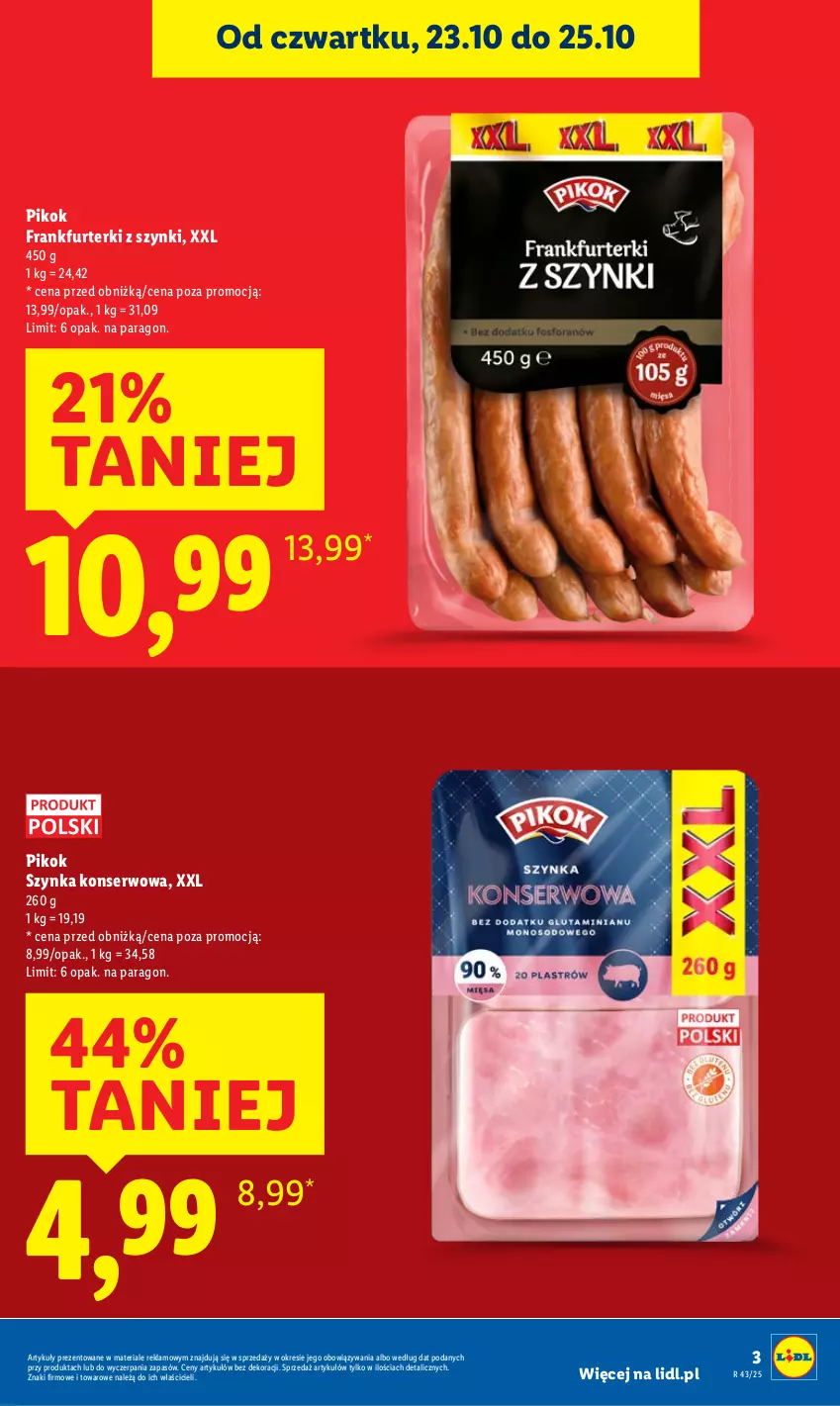 Gazetka promocyjna Lidl - GAZETKA - ważna 23.10 do 25.10.2025 - strona 3 - produkty: Frankfurterki, PIKOK, Ser, Szynka, Szynka konserwowa