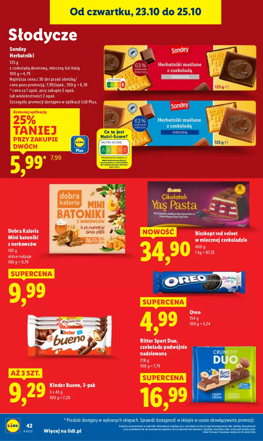 Gazetka promocyjna Lidl - GAZETKA - ważna 23.10 do 25.10.2025 - strona 46 - produkty: Baton, Czekolada, Deser, Herbatniki, Kinder, Kinder Bueno, Oreo, Por, Ritter Sport, Ser, Sport, Tonik, Velvet, Wazon