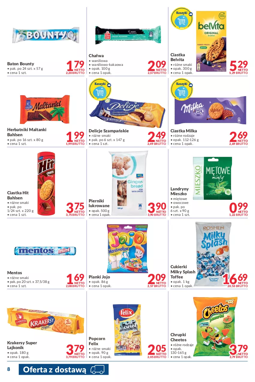 Gazetka promocyjna Makro - [Oferta promocyjna] Dostawy - ważna 26.07 do 08.08.2022 - strona 8 - produkty: Baton, BelVita, Bounty, Chałwa, Cheetos, Chrupki, Ciastka, Cukier, Cukierki, Delicje, Felix, Herbatniki, Kakao, Krakersy, Lajkonik, Mentos, Milka, Piernik, Popcorn