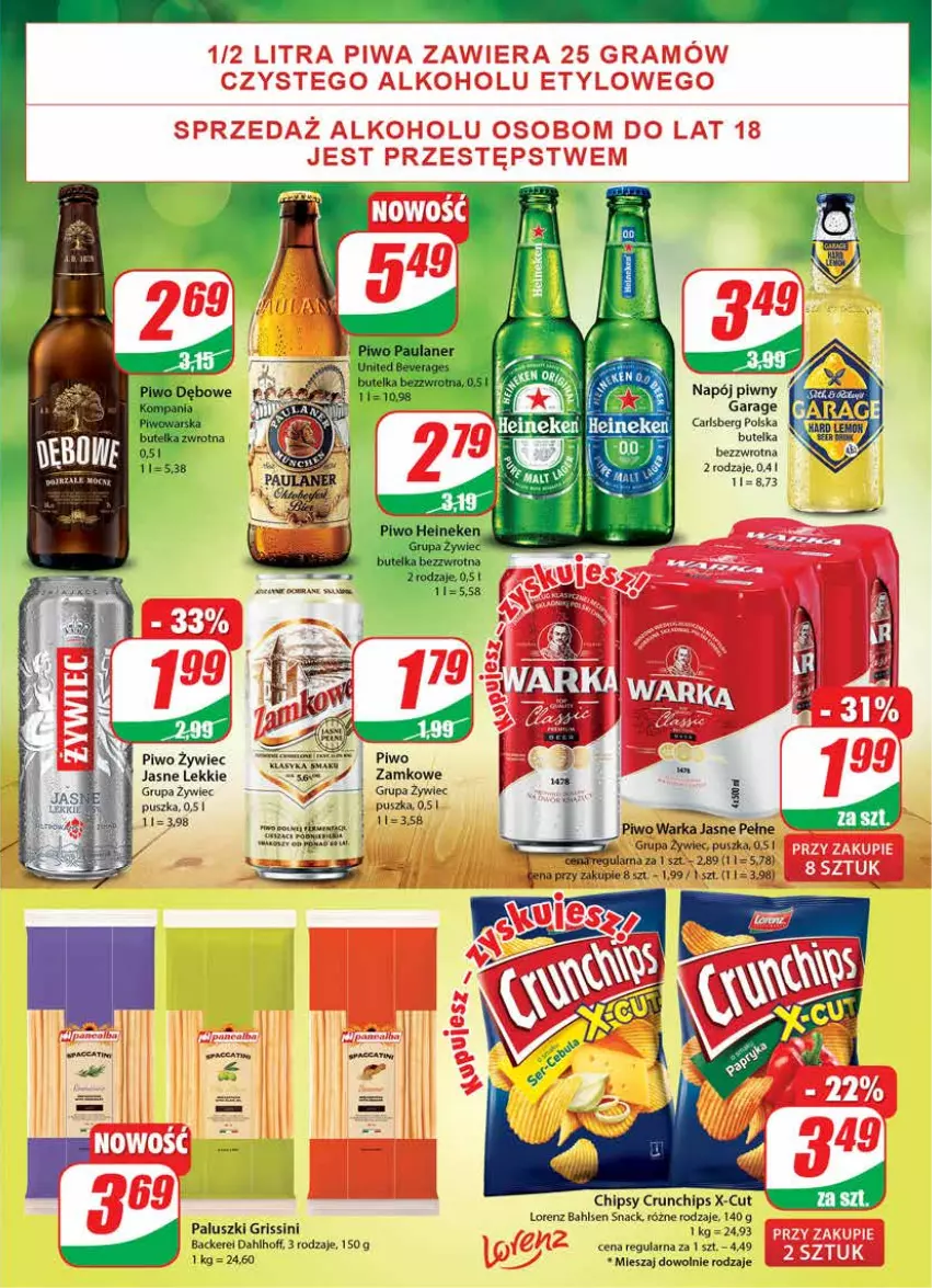 Gazetka promocyjna Dino - Gazetka - ważna 13.10 do 20.10.2021 - strona 15 - produkty: Carlsberg, Chipsy, Crunchips, Grissini, Lorenz, Napój, Piwo, Warka