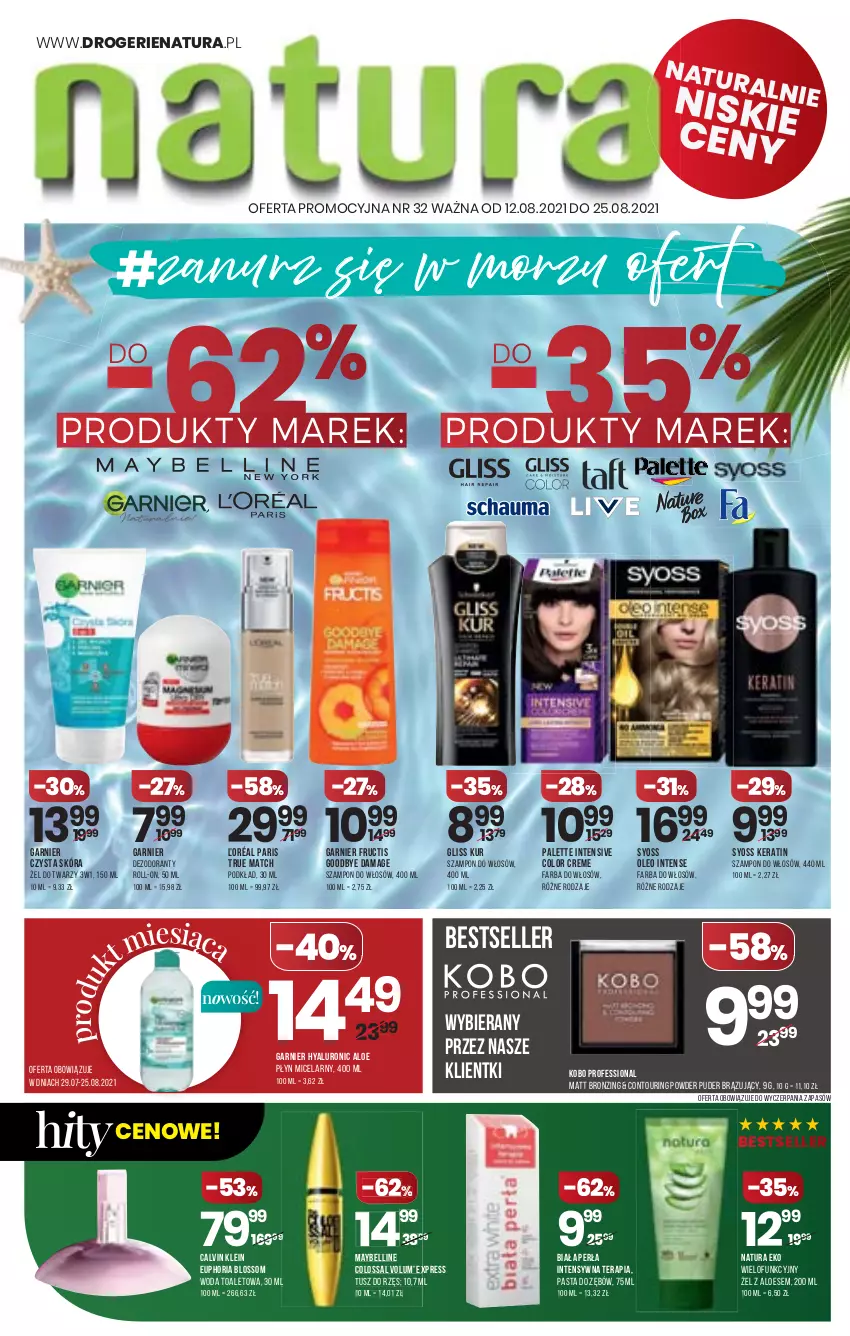 Gazetka promocyjna Drogerie Natura - Gazetka Drogerie Natura - ważna 12.08 do 25.08.2021 - strona 1 - produkty: Bell, Calvin Klein, Color Creme, Dezodorant, Fa, Farba do włosów, Fructis, Garnier, Gliss Kur, KOBO, Maybelline, Oleo, Palette, Pasta do zębów, Perła, Płyn micelarny, Podkład, Puder, Syoss, Szampon, Tera, Tusz, Woda, Woda toaletowa