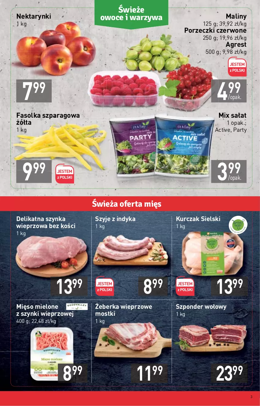 Gazetka promocyjna Stokrotka - Market - ważna 21.07 do 27.07.2022 - strona 3 - produkty: Fa, Gres, Kurczak, Maliny, Mięso, Mięso mielone, Mięso mielone z szynki, Nektar, Owoce, Por, Porzeczki czerwone, Sałat, Szponder wołowy, Szynka, Szynka wieprzowa, Warzywa