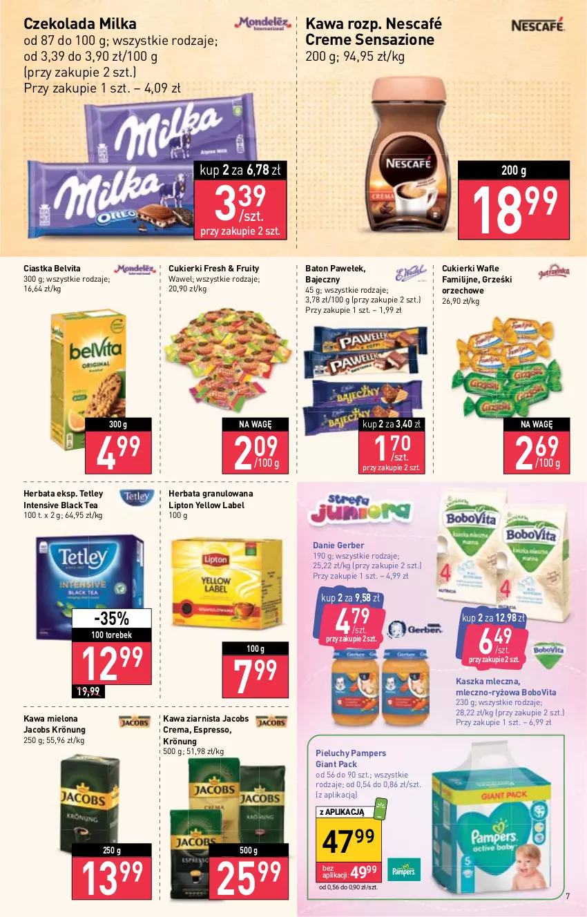 Gazetka promocyjna Stokrotka - Market - ważna 21.07 do 27.07.2022 - strona 7 - produkty: Baton, BelVita, BoboVita, Ciastka, Cukier, Cukierki, Czekolada, Fa, Gerber, Gra, Grześki, Herbata, Jacobs, Jacobs Krönung, Kawa, Kawa mielona, Kawa ziarnista, Lack, Lipton, Milka, Nescafé, Pampers, Pieluchy, Ryż, Tetley, Wafle, Wawel