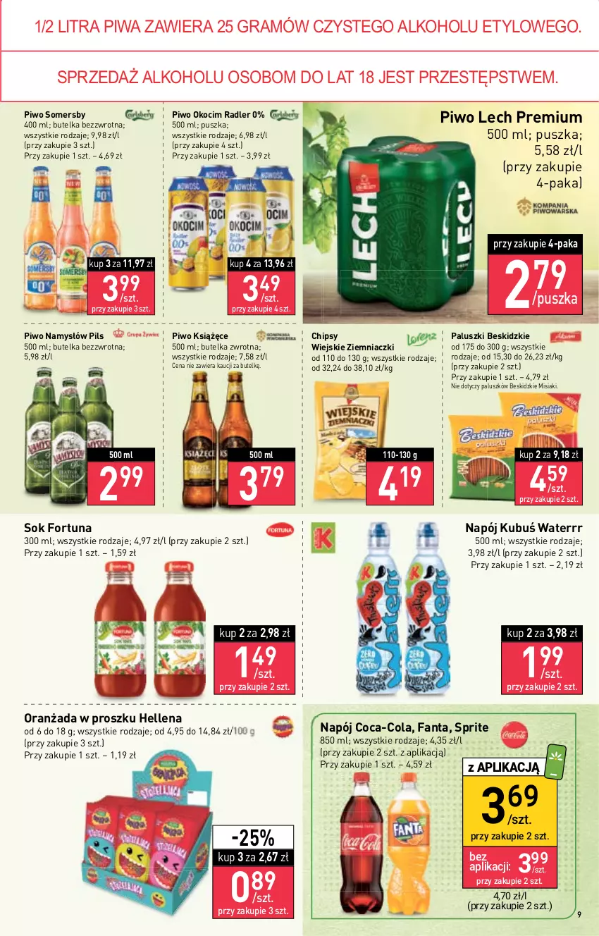 Gazetka promocyjna Stokrotka - Market - ważna 21.07 do 27.07.2022 - strona 9 - produkty: Beskidzki, Chipsy, Coca-Cola, Fa, Fanta, Fortuna, Gra, Hellena, Koc, Książęce, Kubuś, Kubuś Waterrr, Lech Premium, Namysłów, Napój, Okocim, Oranżada, Piwa, Piwo, Radler, Sok, Somersby, Sprite