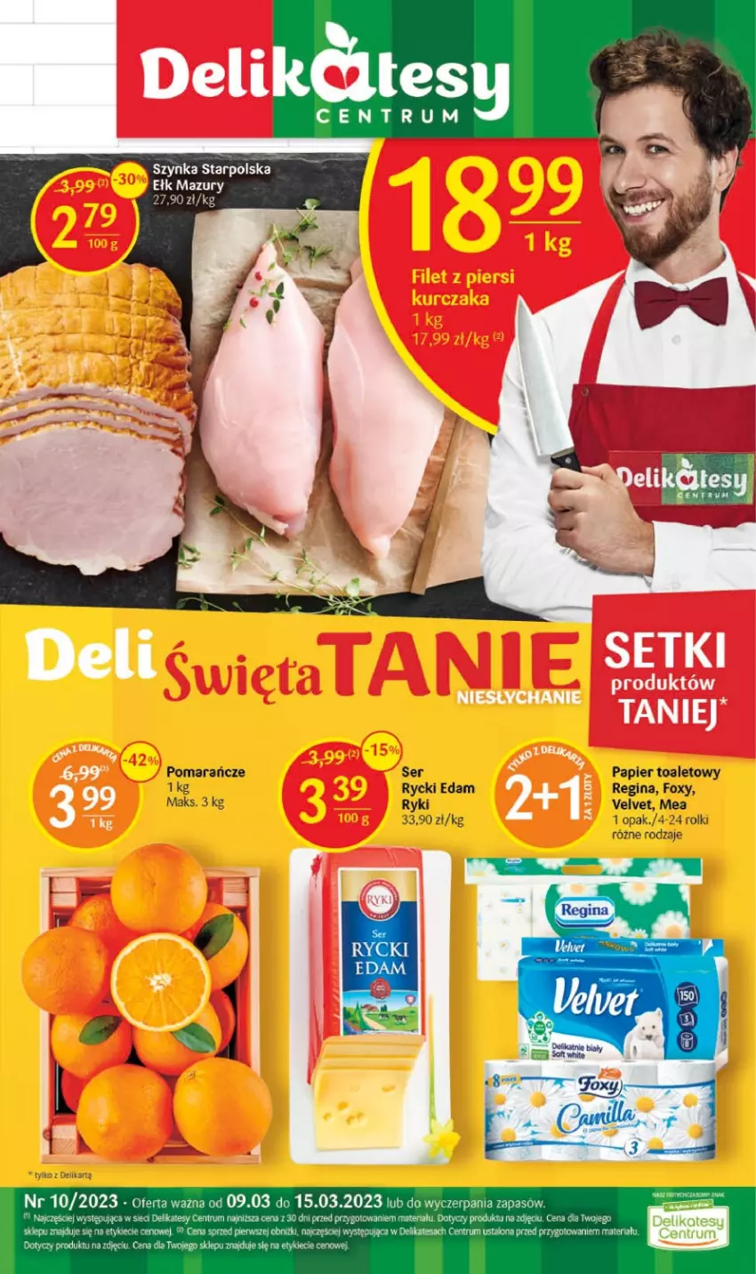 Gazetka promocyjna Delikatesy Centrum - Gazetka DC10 - ważna 09.03 do 15.03.2023 - strona 1 - produkty: Edam, Foxy, Gin, Papier, Papier toaletowy, Pomarańcze, Rolki, Rum, Rycki Edam, Ser, Szynka, Velvet