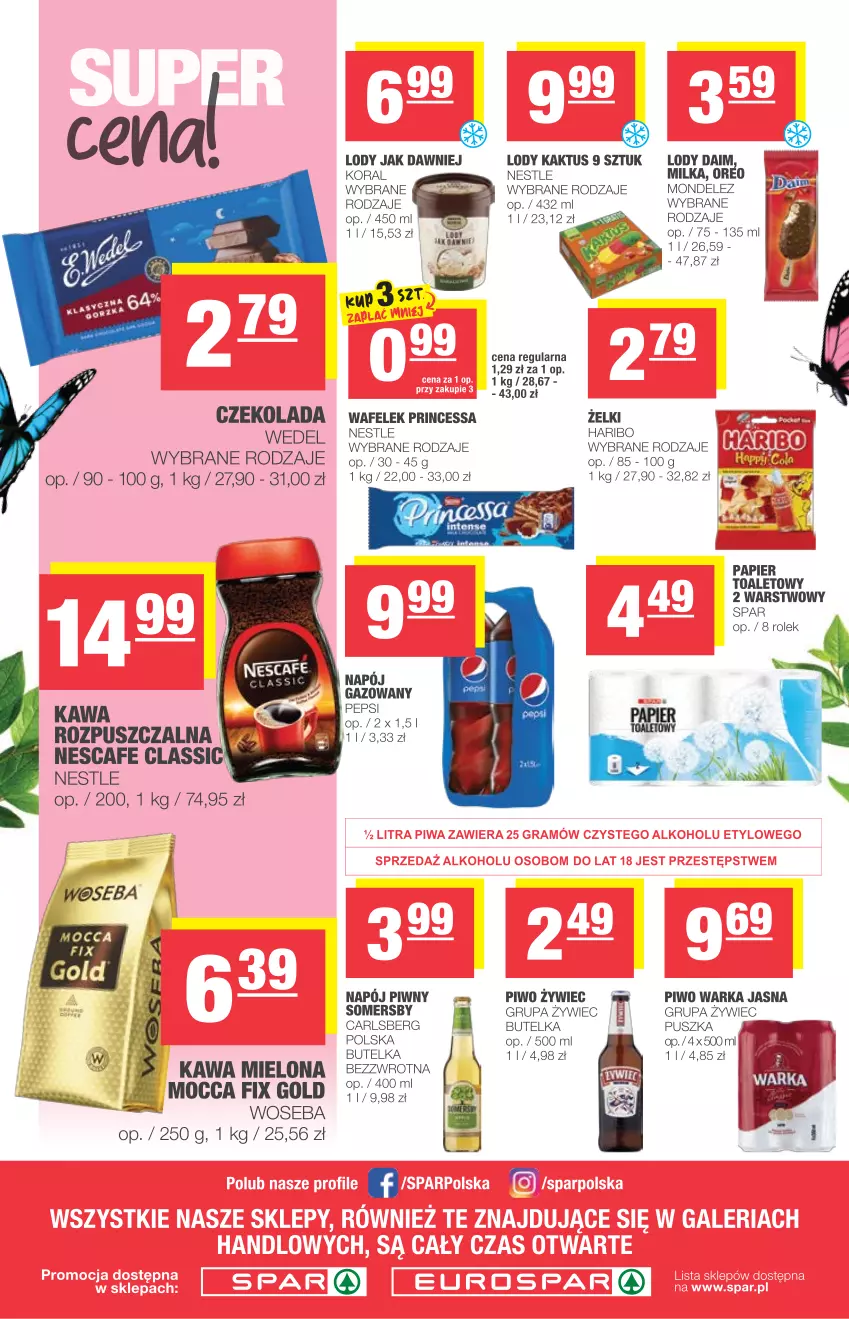 Gazetka promocyjna Spar - Eurospar - ważna 14.04 do 20.04.2021 - strona 4 - produkty: Carlsberg, Czekolada, Haribo, Kaktus, Kawa, Kawa mielona, Lody, Milka, Mocca Fix Gold, Napój, Napój gazowany, Oreo, Papier, Papier toaletowy, Piwo, Princessa, Somersby, Warka, Woseba