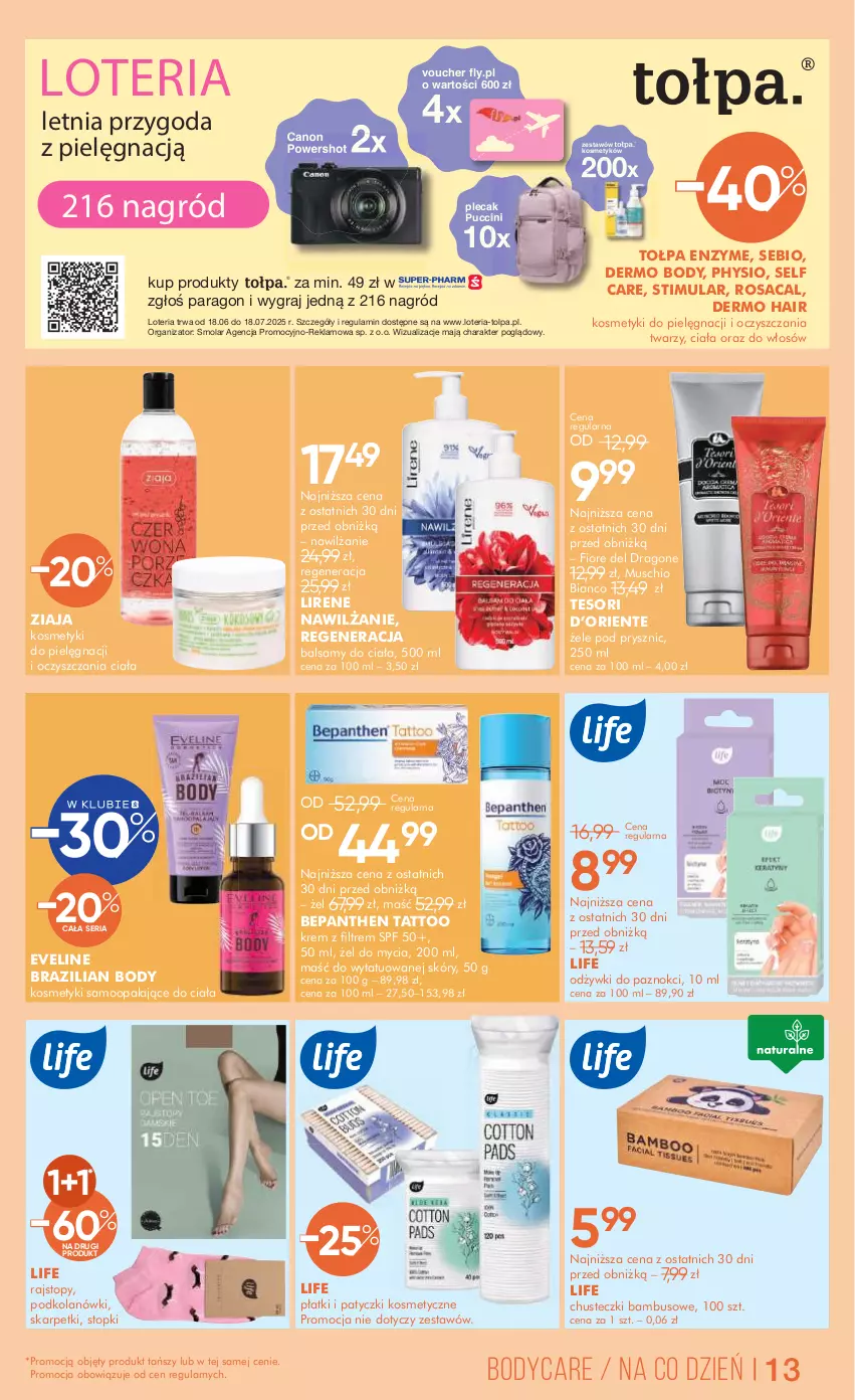 Gazetka promocyjna Super Pharm - Gazetka - ważna 27.06 do 18.07.2025 - strona 13 - produkty: Bepanthen, Body, Canon, Chusteczki, Eveline, Gra, Karp, Kosmetyki do pielęgnacji, Lirene, Mola, Mus, Patyczki kosmetyczne, Plecak, Rajstopy, Ser, Skarpetki, Tołpa, Top, Ziaja