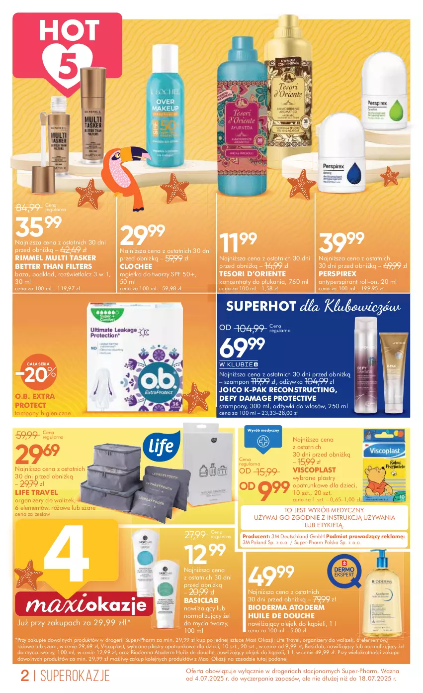 Gazetka promocyjna Super Pharm - Gazetka - ważna 27.06 do 18.07.2025 - strona 2 - produkty: Antyperspirant, Atoderm, Basiclab, Bioderma, Dzieci, Mgiełka do twarzy, O.B., Odżywka, Olej, Organizer, Plastry opatrunkowe, Podkład, Ser, Szampon, Tampony, Viscoplast