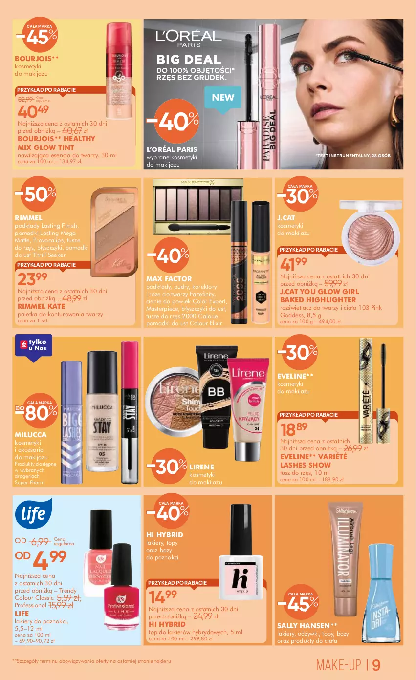 Gazetka promocyjna Super Pharm - Gazetka - ważna 27.06 do 18.07.2025 - strona 9 - produkty: Bourjois, Eveline, Fa, Finish, L’Oréal, Lakier, Lirene, Makijaż, Max Factor, Piec, Podkład, Rozświetlacz, Sally Hansen, Top, Top do lakierów, Tusz