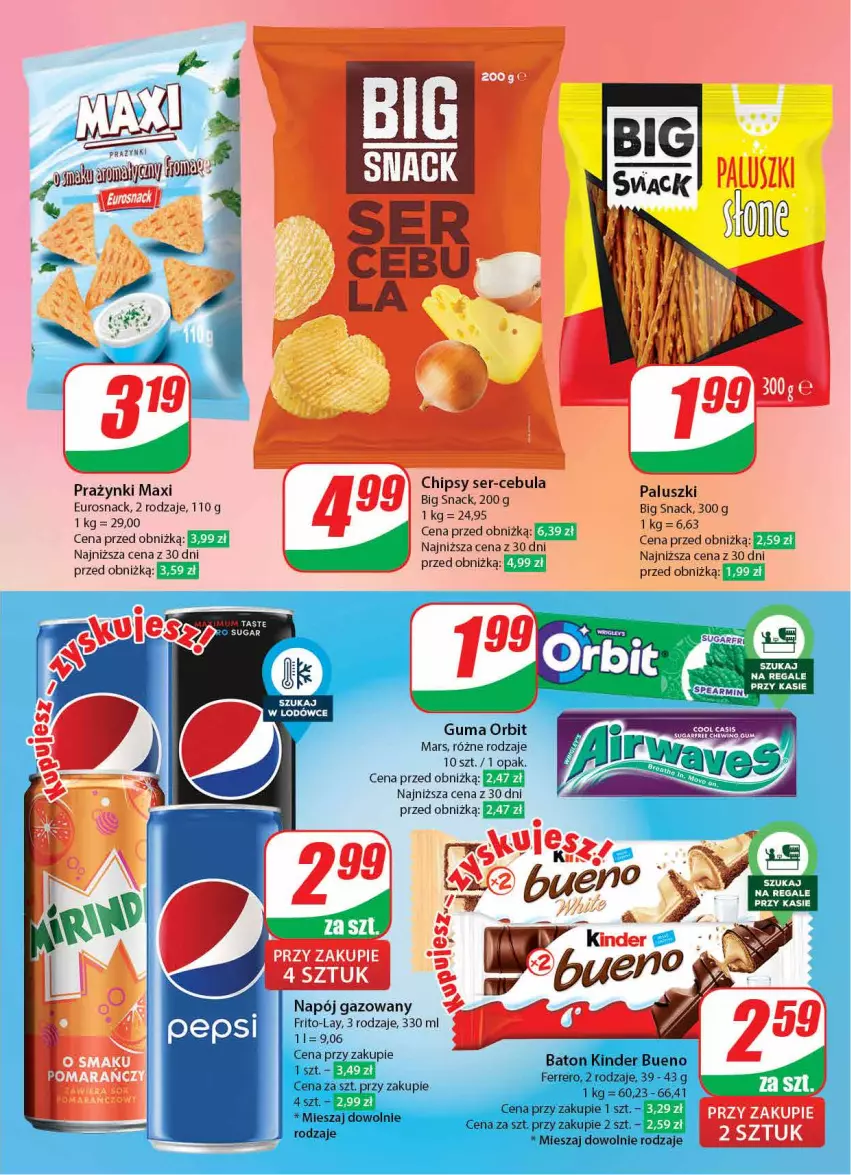 Gazetka promocyjna Dino - Gazetka 4 - ważna 23.01 do 30.01.2024 - strona 42 - produkty: Baton, Cebula, Chipsy, Ferrero, Kinder, Kinder Bueno, Mars, Napój, Napój gazowany, Orbit, Ser