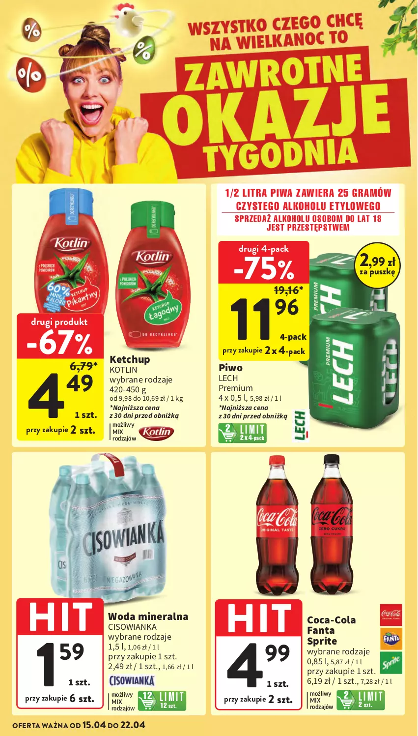 Gazetka promocyjna Intermarche - Gazetka Intermarche - ważna 15.04 do 22.04.2025 - strona 6 - produkty: Cisowianka, Coca-Cola, Fa, Fanta, Gra, Ketchup, Kotlin, Lech Premium, Piwa, Piwo, Sprite, Woda, Woda mineralna