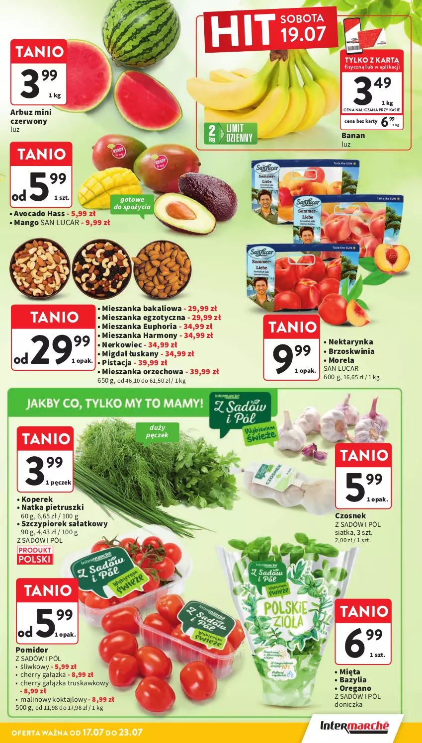Gazetka promocyjna Intermarche - Gazetka Intermarche - ważna 17.07 do 23.07.2025 - strona 14 - produkty: Arbuz, Avocado, Bazyl, Bazylia, Czosnek, Mango, Mieszanka bakaliowa, Mieszanka orzechowa, Mięta, Morela, Natka pietruszki, Nektar, Nektarynka, Sałat, Siatka