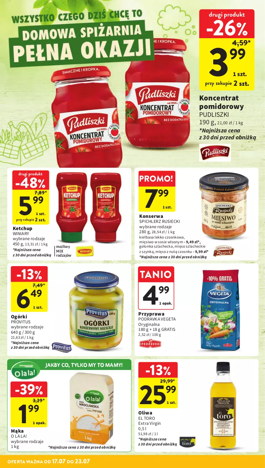 Gazetka promocyjna Intermarche - Gazetka Intermarche - ważna 17.07 do 23.07.2025 - strona 29 - produkty: Gin, Gra, Ketchup, Kiełbasa, Koncentrat pomidorowy, Mąka, Mięso, Podravka, Pudliszki, Ser, Sos, Spichlerz Rusiecki, Vegeta, Winiary
