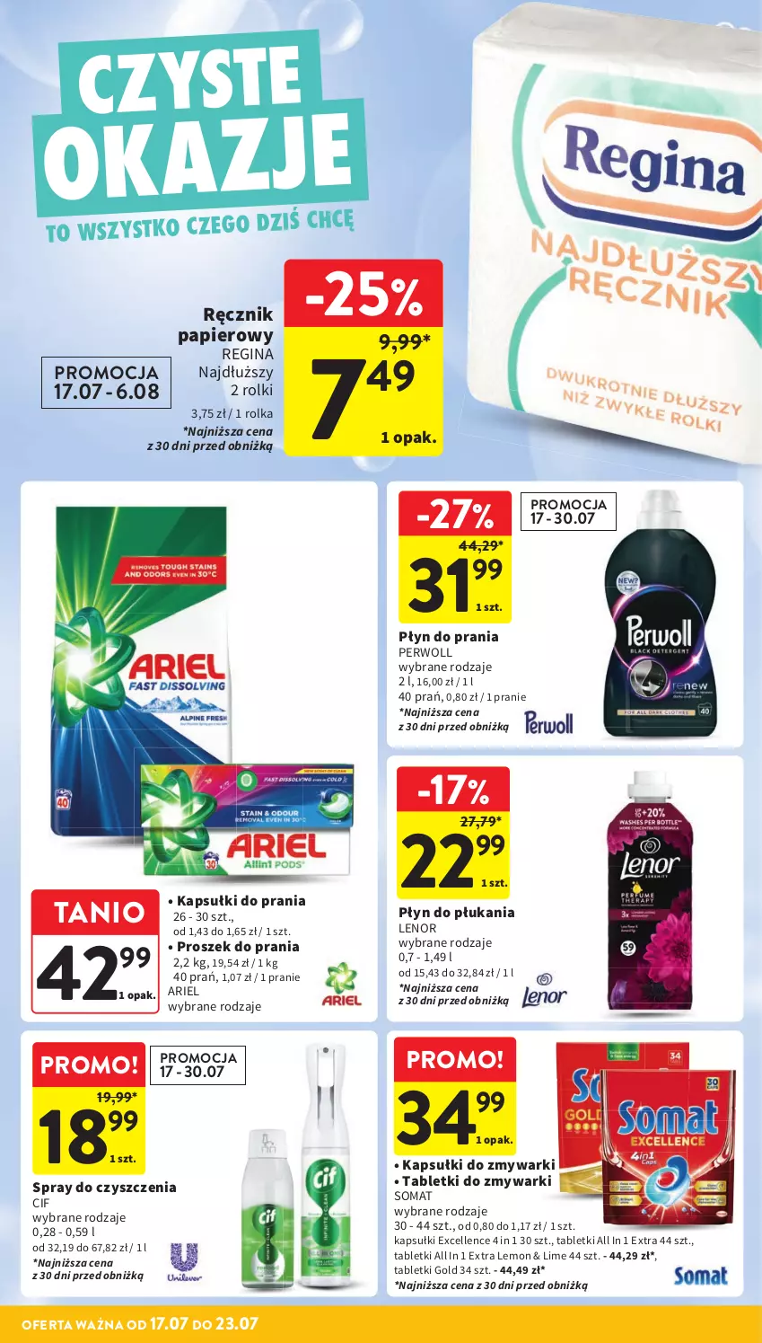Gazetka promocyjna Intermarche - Gazetka Intermarche - ważna 17.07 do 23.07.2025 - strona 35 - produkty: Ariel, Cif, Gin, Kapsułki do prania, Lenor, Papier, Perwoll, Płyn do płukania, Płyn do prania, Proszek do prania, Ręcznik, Rolki, Somat, Spray do czyszczenia, Tablet, Tabletki do zmywarki, Zmywarki