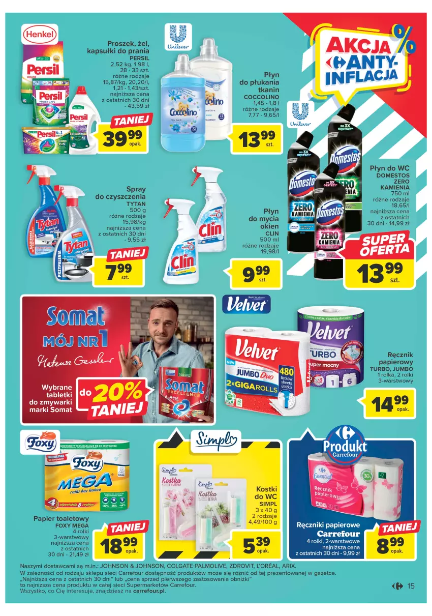 Gazetka promocyjna Carrefour - Gazetka Market - ważna 24.04 do 06.05.2023 - strona 15 - produkty: Clin, Colgate, Domestos, Foxy, Kapsułki do prania, LG, Palmolive, Papier, Persil, Płyn do wc, Ręcznik, Ręczniki papierowe, Rolki, Spray do czyszczenia, Tablet, Tabletki do zmywarki, Tytan, Zmywarki