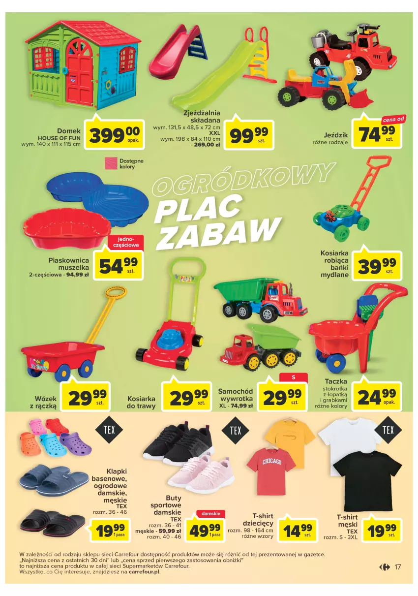 Gazetka promocyjna Carrefour - Gazetka Market - ważna 24.04 do 06.05.2023 - strona 17 - produkty: Buty, Dzieci, Gra, Klapki, Kosiarka, Mus, Por, Samochód, Sport, T-shirt, Wózek, Wywrotka