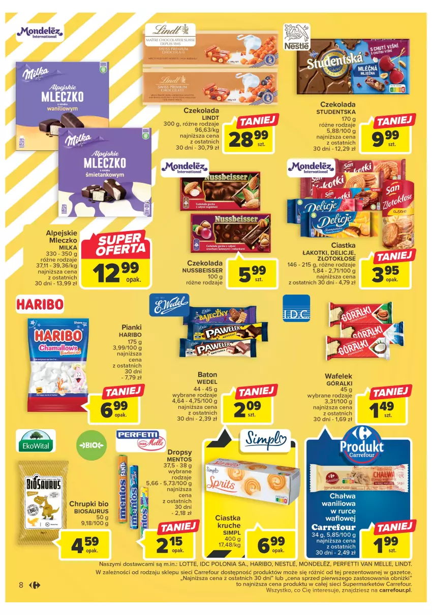 Gazetka promocyjna Carrefour - Gazetka Market - ważna 24.04 do 06.05.2023 - strona 8 - produkty: Baton, Chrupki, Ciastka, Czekolada, Delicje, Góralki, Haribo, LG, Lindt, Mentos, Milka, Mleczko, Ser, Wafelek