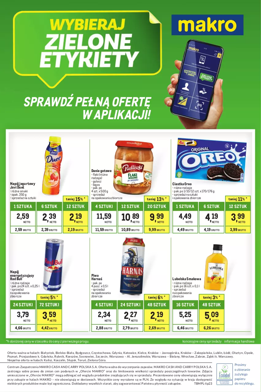 Gazetka promocyjna Makro - Kupujesz więcej płacisz mniej - oferta z alkoholem - ważna 01.07 do 31.07.2023 - strona 32 - produkty: Bigos, Ciastka, Danie gotowe, Flaki, Gra, Harnaś, Jogurt, Kosz, Napój, Napój jogurtowy, Oreo, Papier, Piwo, Red Bull, Rum, Sos, Szal