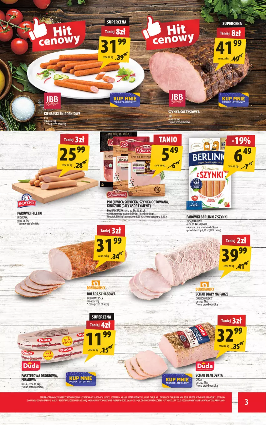 Gazetka promocyjna Arhelan - Gazetka - ważna 24.10 do 02.11.2025 - strona 3 - produkty: Berlinki, Duda, Fa, Morliny, Parówki, Pasztet, Por, Rolada, Schab Benedykta, Szynka