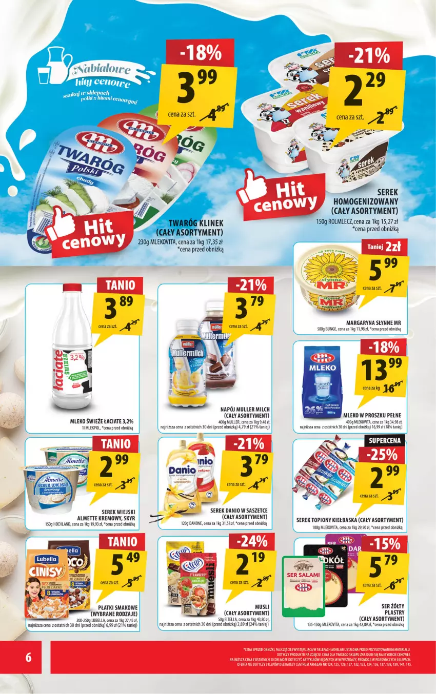 Gazetka promocyjna Arhelan - Gazetka - ważna 24.10 do 02.11.2025 - strona 6 - produkty: Almette, Bell, Bella, Danio, Danone, Hochland, Lubella, Margaryna, Mleko, Mleko w proszku, Mus, Napój, Rolmlecz, Rum, Ser, Serek, Serek wiejski, Słynne, Top