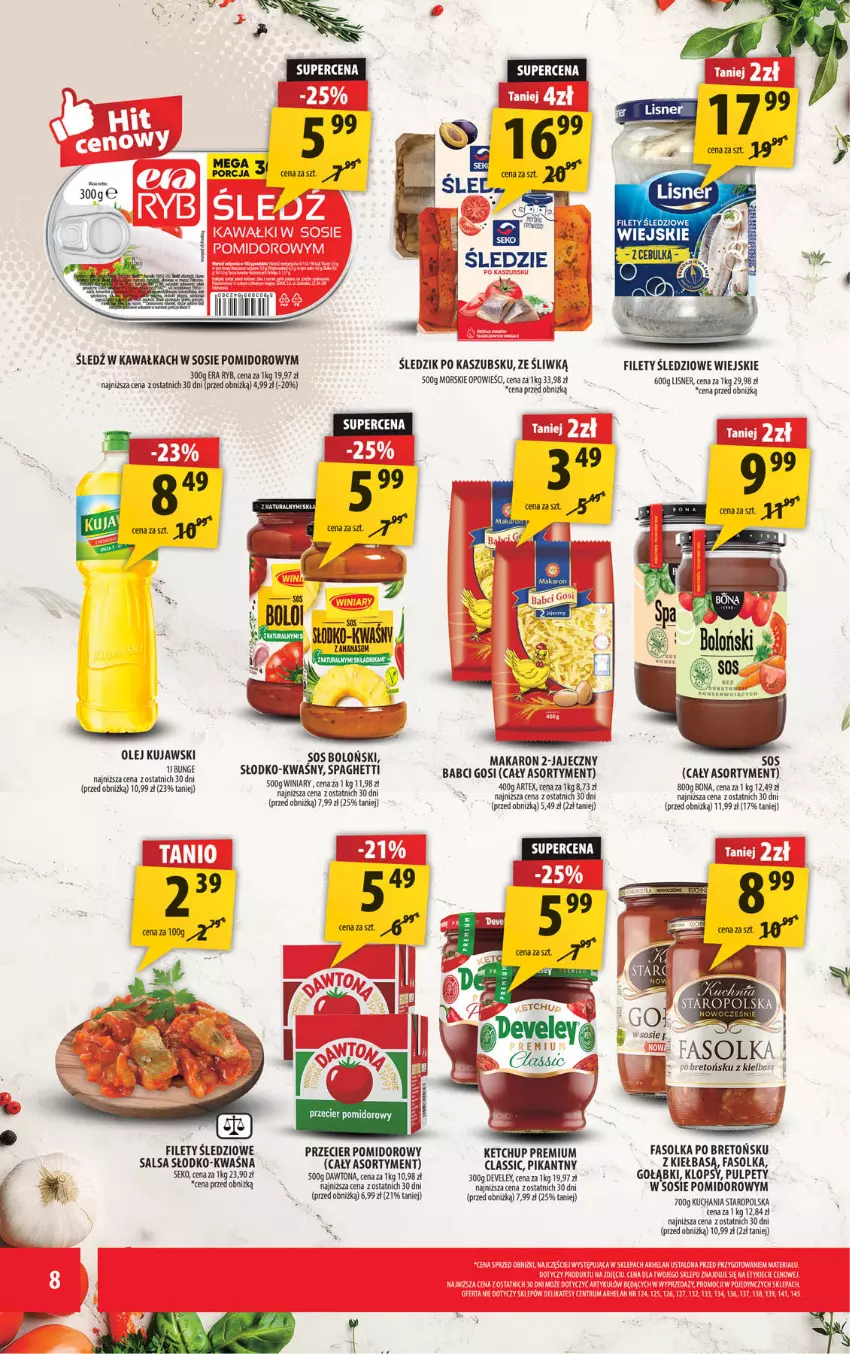Gazetka promocyjna Arhelan - Gazetka - ważna 24.10 do 02.11.2025 - strona 8 - produkty: Dawtona, Era Ryb, Fa, Kawa, Ketchup, Kujawski, Lisner, Olej, Por, Pulpety, Salsa, SEKO, Sos, Spaghetti
