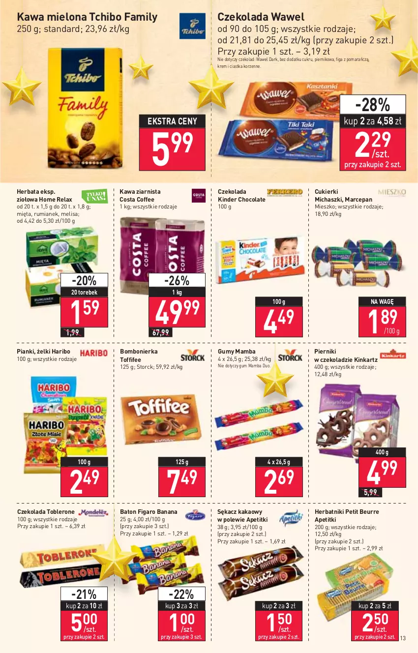 Gazetka promocyjna Stokrotka - Supermarket - ważna 02.12 do 08.12.2021 - strona 13 - produkty: Baton, Ciastka, Cukier, Cukierki, Czekolada, Fa, Haribo, Herbata, Herbatniki, Herbatniki Petit Beurre, Inka, Kakao, Kawa, Kawa mielona, Kawa ziarnista, Kinder, Mamba, Mięta, Piernik, Pierniki w czekoladzie, Rum, Sękacz, Tchibo, Tchibo Family, Toblerone, Toffifee, Wawel