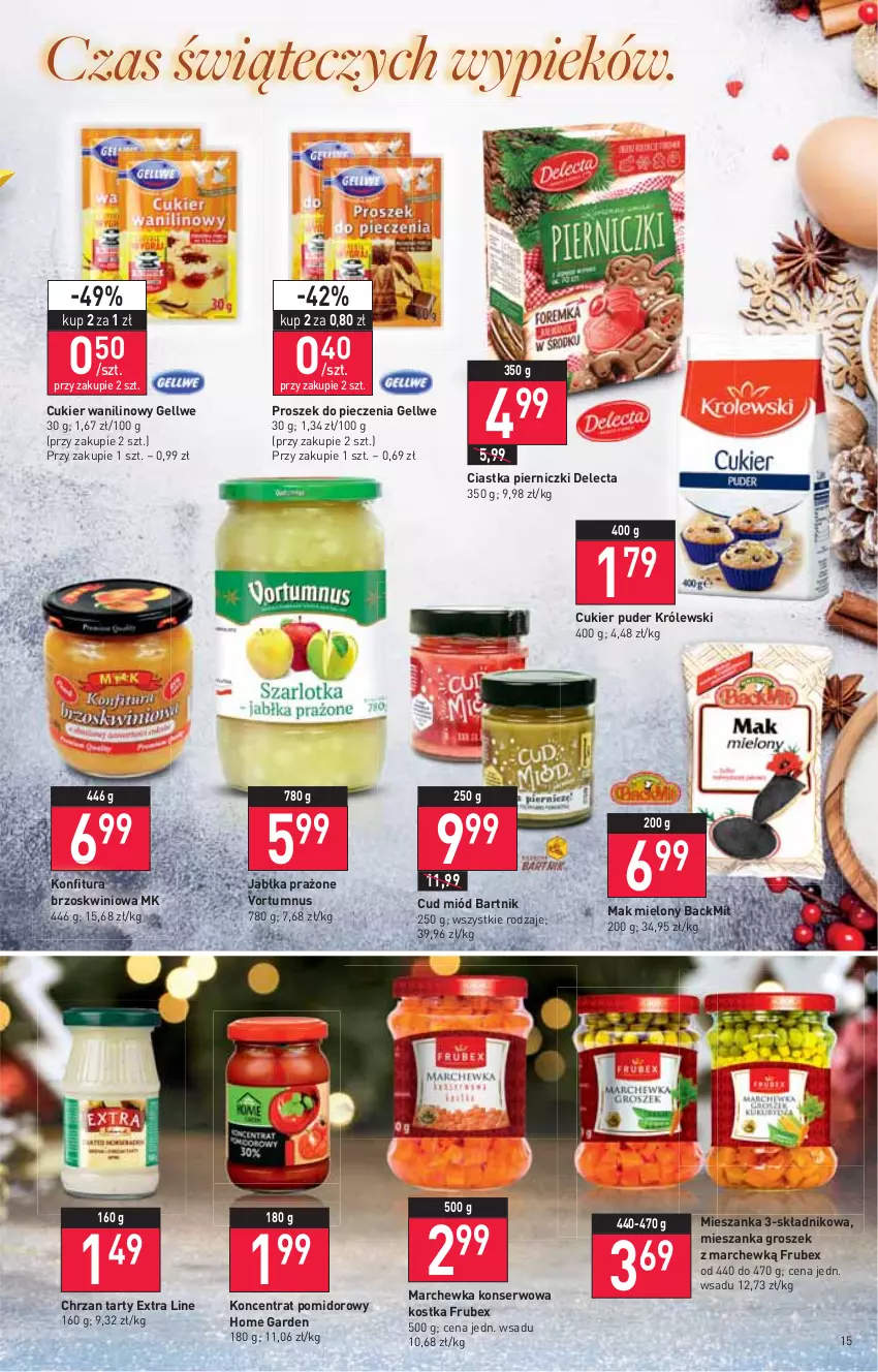 Gazetka promocyjna Stokrotka - Supermarket - ważna 02.12 do 08.12.2021 - strona 15 - produkty: Chrzan, Ciastka, Cukier, Cukier puder, Cukier wanilinowy, Delecta, Groszek, Jabłka, Jabłka prażone, Koncentrat pomidorowy, Konfitura, Królewski, Mak mielony, Marchewka, Miód, Piec, Proszek do pieczenia, Puder, Ser