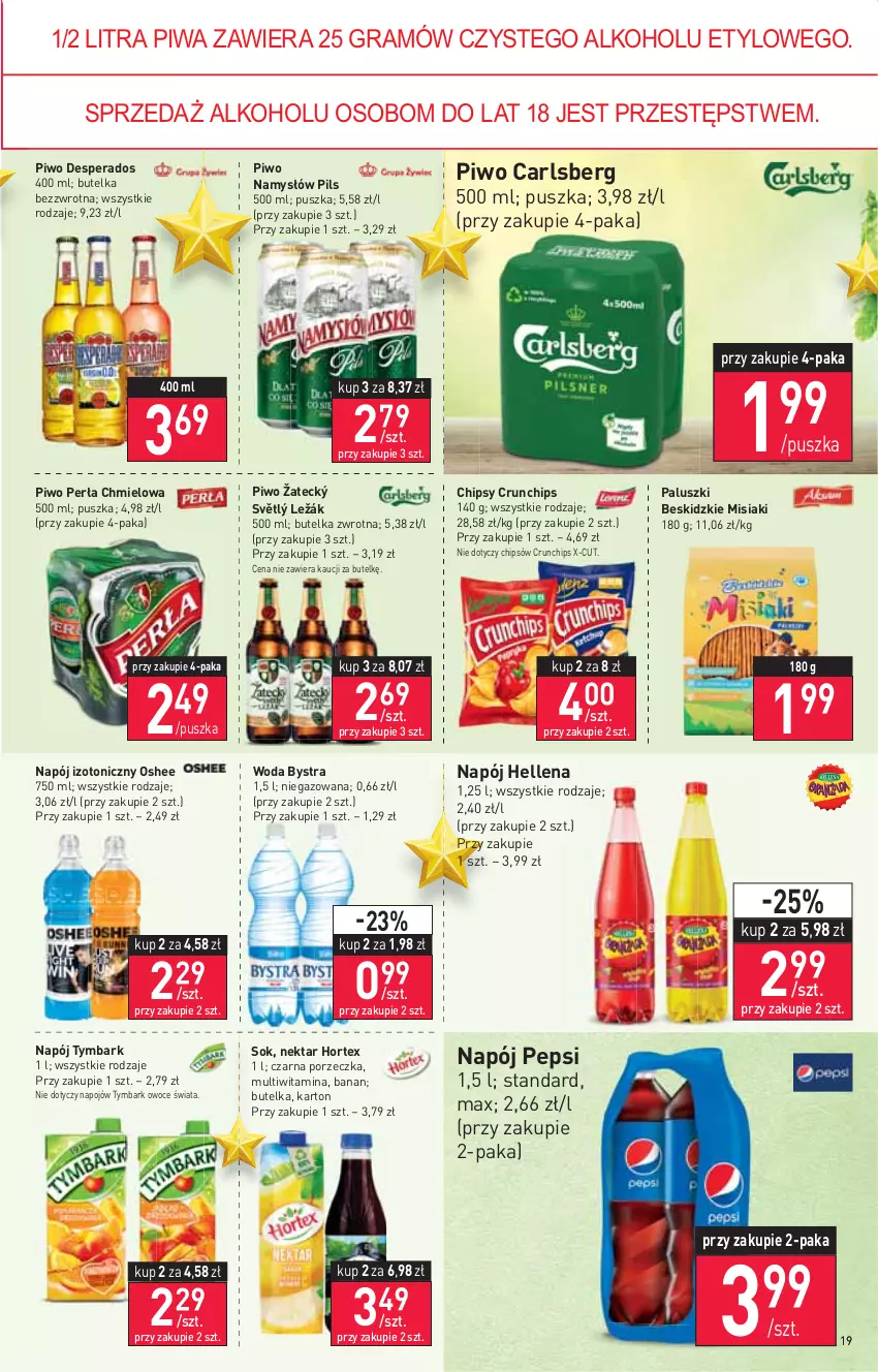 Gazetka promocyjna Stokrotka - Supermarket - ważna 02.12 do 08.12.2021 - strona 19 - produkty: Beskidzki, Carlsberg, Chipsy, Crunchips, Desperados, Gra, Hellena, Hortex, Namysłów, Napój, Napój izotoniczny, Nektar, Oshee, Owoce, Pepsi, Perła, Piwa, Piwo, Por, Sok, Tymbark, Woda