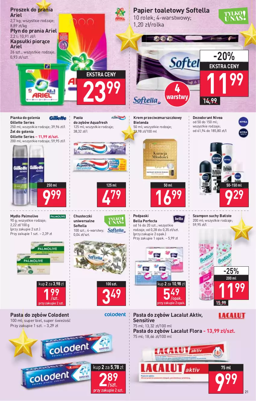 Gazetka promocyjna Stokrotka - Supermarket - ważna 02.12 do 08.12.2021 - strona 21 - produkty: Aquafresh, Ariel, Batiste, Bell, Bella, Bielenda, Chusteczki, Dezodorant, Flora, Gillette, Krem przeciwzmarszczkowy, Lacalut, Mars, Mydło, Nivea, Palmolive, Papier, Papier toaletowy, Pasta do zębów, Perfecta, Pianka do golenia, Płyn do prania, Podpaski, Proszek do prania, Ser, Szampon