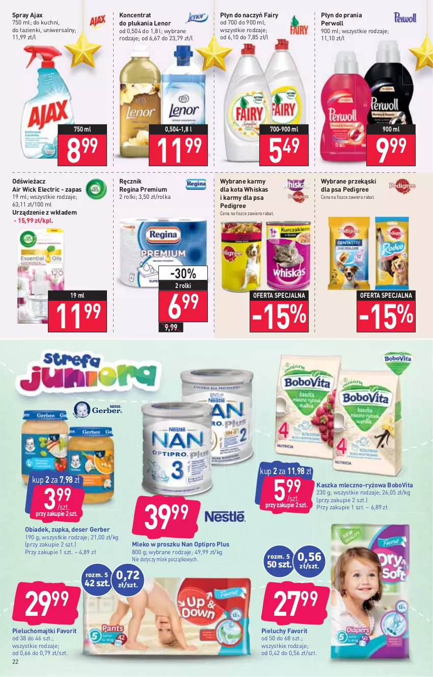 Gazetka promocyjna Stokrotka - Supermarket - ważna 02.12 do 08.12.2021 - strona 22 - produkty: Air Wick, Ajax, BoboVita, Deser, Fa, Fairy, Gerber, Gin, Lenor, Majtki, Mleko, Mleko w proszku, NAN Optipro, Pedigree, Perwoll, Pieluchomajtki, Pieluchy, Płyn do prania, Przekąski dla psa, Ręcznik, Rolki, Ryż, Ser, Whiskas