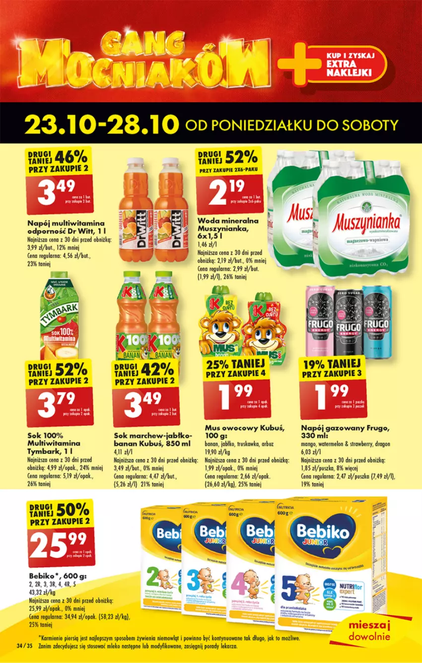 Gazetka promocyjna Biedronka - Od poniedzialku - ważna 23.10 do 28.10.2023 - strona 34 - produkty: Arbuz, Bebiko, Karmi, Kubuś, Mango, Melon, Mleko, Mus, Muszynianka, Napój, Napój gazowany, O nas, Por, Sok, Woda, Woda mineralna