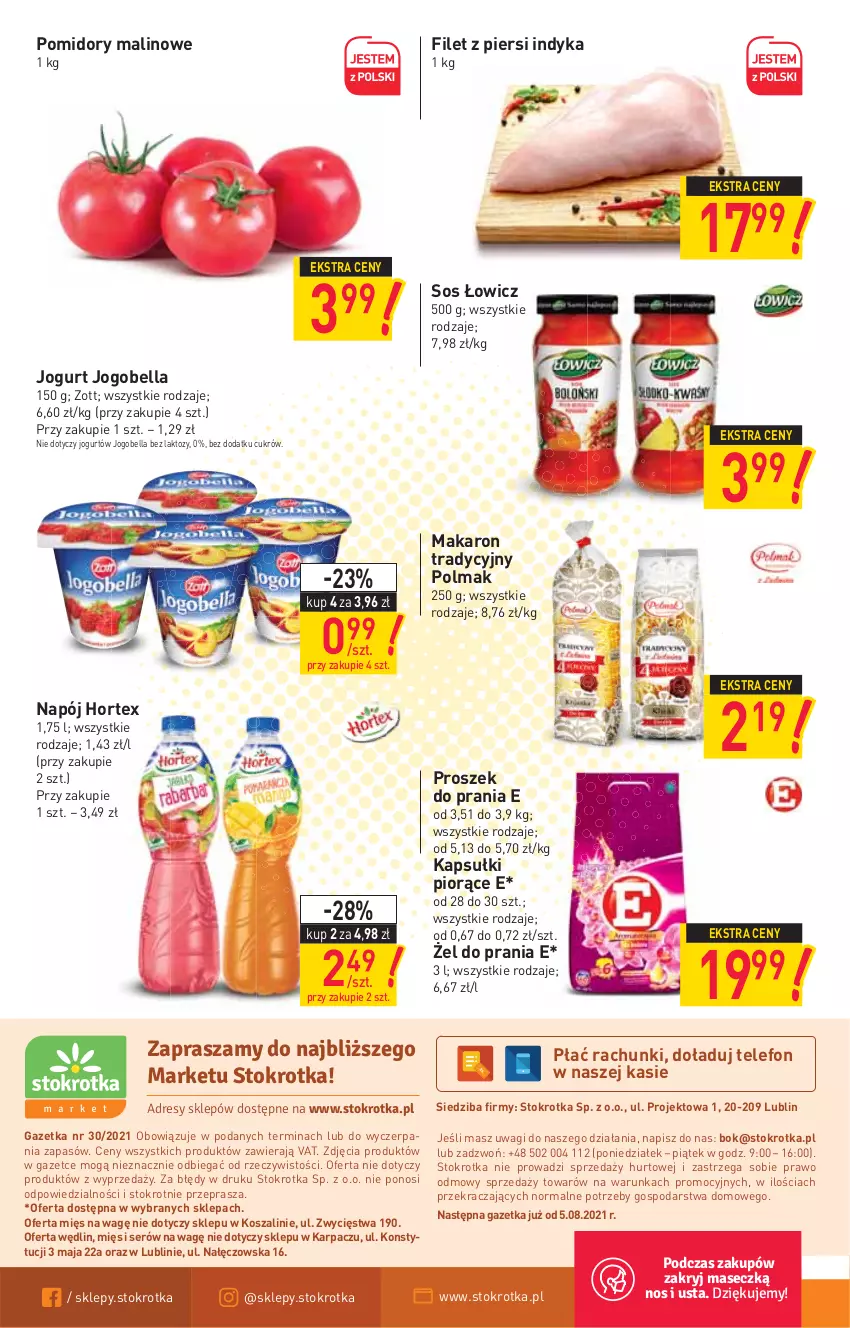 Gazetka promocyjna Stokrotka - Market - ważna 29.07 do 04.08.2021 - strona 12 - produkty: Bell, Bella, Filet z piersi indyka, Hortex, Jogobella, Jogurt, Karp, Kosz, Makaron, Napój, O nas, Olma, Pomidory, Proszek do prania, Ser, Sos, Szal, Telefon, Wagi, Zott