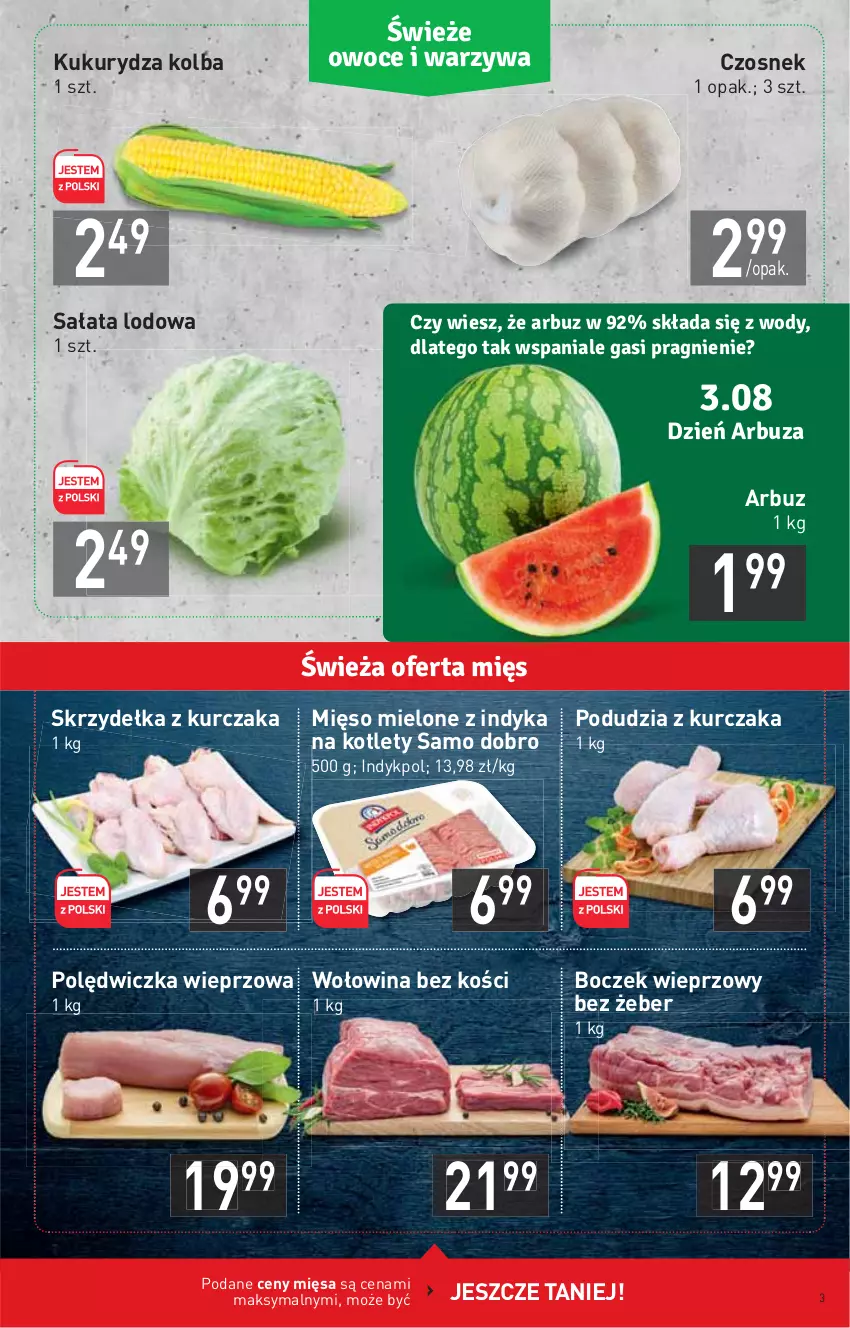 Gazetka promocyjna Stokrotka - Market - ważna 29.07 do 04.08.2021 - strona 3 - produkty: Arbuz, Boczek, Boczek wieprzowy, Czosnek, HP, Kotlet, Kukurydza, Kurczak, Mięso, Mięso mielone, Polędwiczka wieprzowa, Sałat, Sałata lodowa, Skrzydełka z kurczaka, Wołowina, Wołowina bez kości