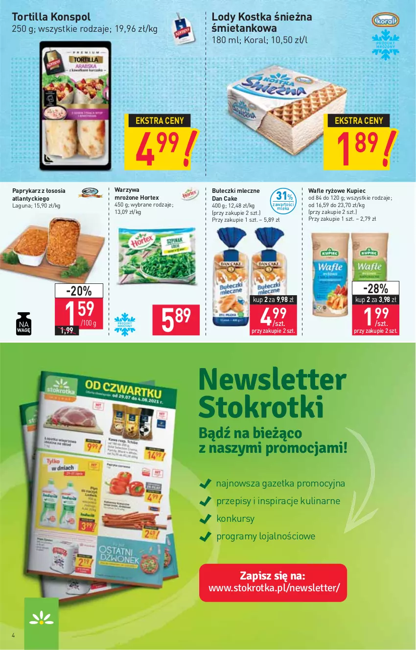 Gazetka promocyjna Stokrotka - Market - ważna 29.07 do 04.08.2021 - strona 4 - produkty: Bułeczki, Bułeczki mleczne, Dan Cake, Gra, Hortex, Kupiec, Lody, Papryka, Paprykarz, Piec, Ryż, Sos, Tortilla, Wafle, Warzywa