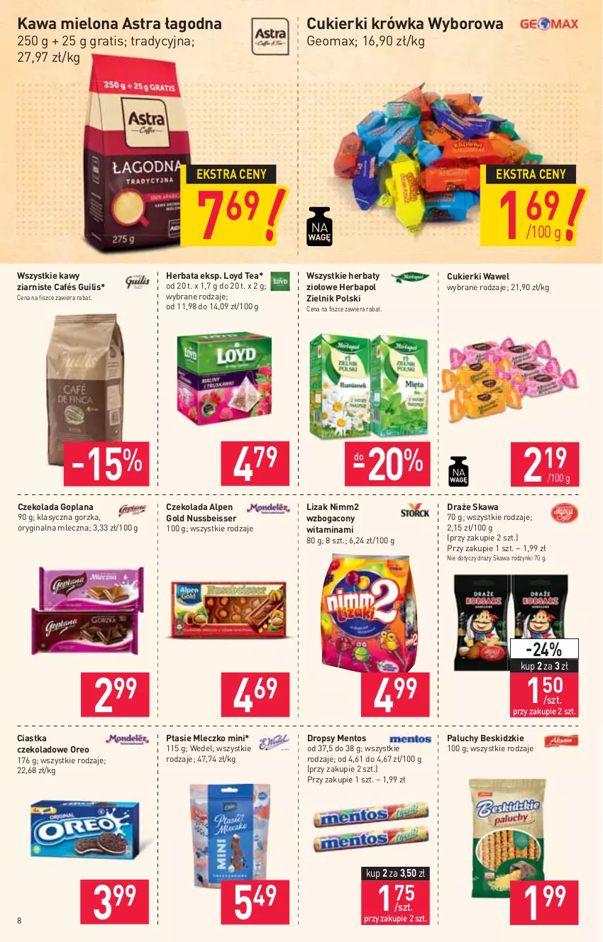 Gazetka promocyjna Stokrotka - Market - ważna 29.07 do 04.08.2021 - strona 8 - produkty: Beskidzki, Ciastka, Cukier, Cukierki, Czekolada, Gin, Goplana, Gra, Herbapol, Herbata, Kawa, Kawa mielona, LANA, Loyd, Mentos, Mleczko, Nimm2, Oreo, Ptasie mleczko, Rodzynki, Ser, Wawel, Wyborowa