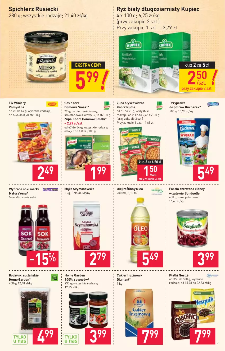 Gazetka promocyjna Stokrotka - Market - ważna 29.07 do 04.08.2021 - strona 9 - produkty: Bonduelle, Cukier, Cukier trzcinowy, Diamant, Fa, Fasola, Knorr, Kucharek, Kupiec, Mąka, Nestlé, Olej, Olej roślinny, Oleo, Piec, Polskie Młyny, Przyprawa do potraw, Rodzynki, Ryż, Ryż biały, Sok, Sos, Spichlerz Rusiecki, Winiary, Zupa