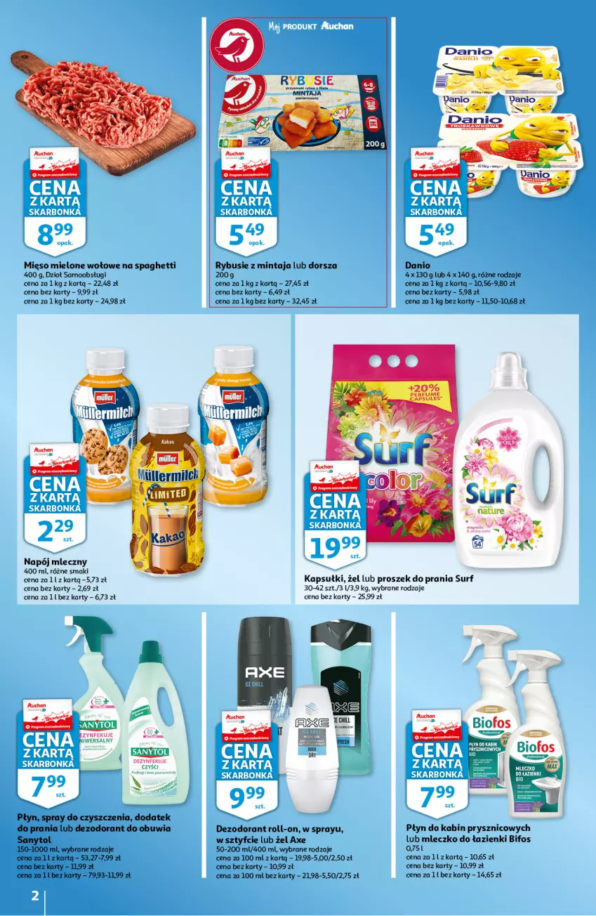 Gazetka promocyjna Auchan - Skarbonka #34 - ważna 26.08 do 01.09.2021 - strona 2 - produkty: Danio, Dezodorant, Dorsz, Mięso, Mięso mielone, Mintaj, Mleczko, Napój, Napój mleczny, Proszek do prania, Sanytol, Ser, Spaghetti, Spray do czyszczenia, Surf