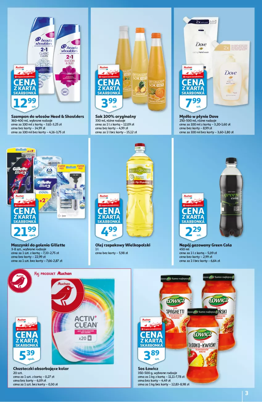 Gazetka promocyjna Auchan - Skarbonka #34 - ważna 26.08 do 01.09.2021 - strona 3 - produkty: Chusteczki, Danone, Dove, Gillette, Gin, Kawa, Mydło, Mydło w płynie, Napój, Napój gazowany, Olej, Olej rzepakowy, Sok, Sos, Spaghetti, Szampon