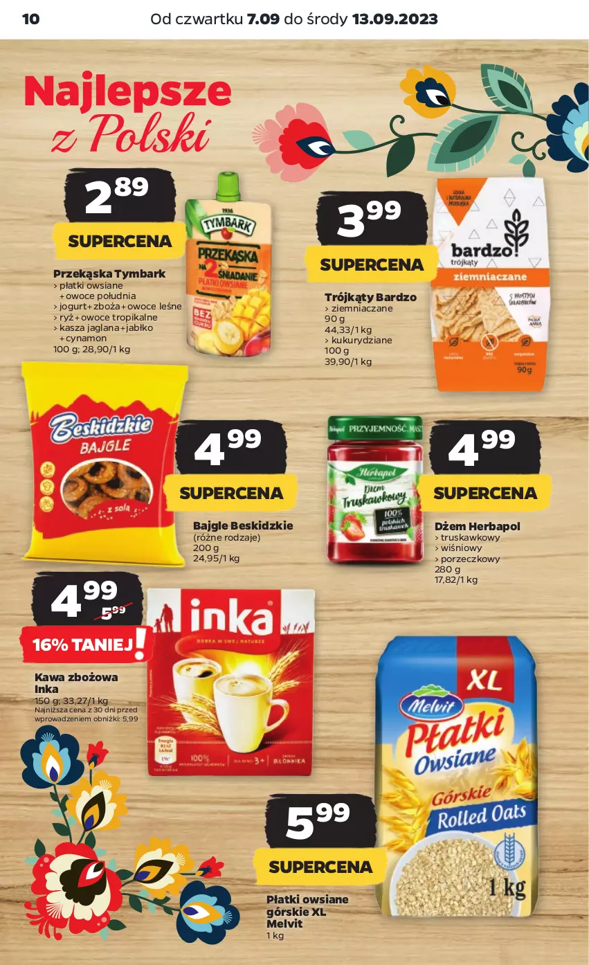 Gazetka promocyjna Netto - Artykuły spożywcze - ważna 07.09 do 13.09.2023 - strona 10 - produkty: Bajgle, Beskidzki, Dżem, Herbapol, Inka, Jogurt, Kasza, Kasza jaglana, Kawa, Kawa zbożowa, LANA, Melvit, Owoce, Płatki owsiane, Por, Ryż, Tymbark