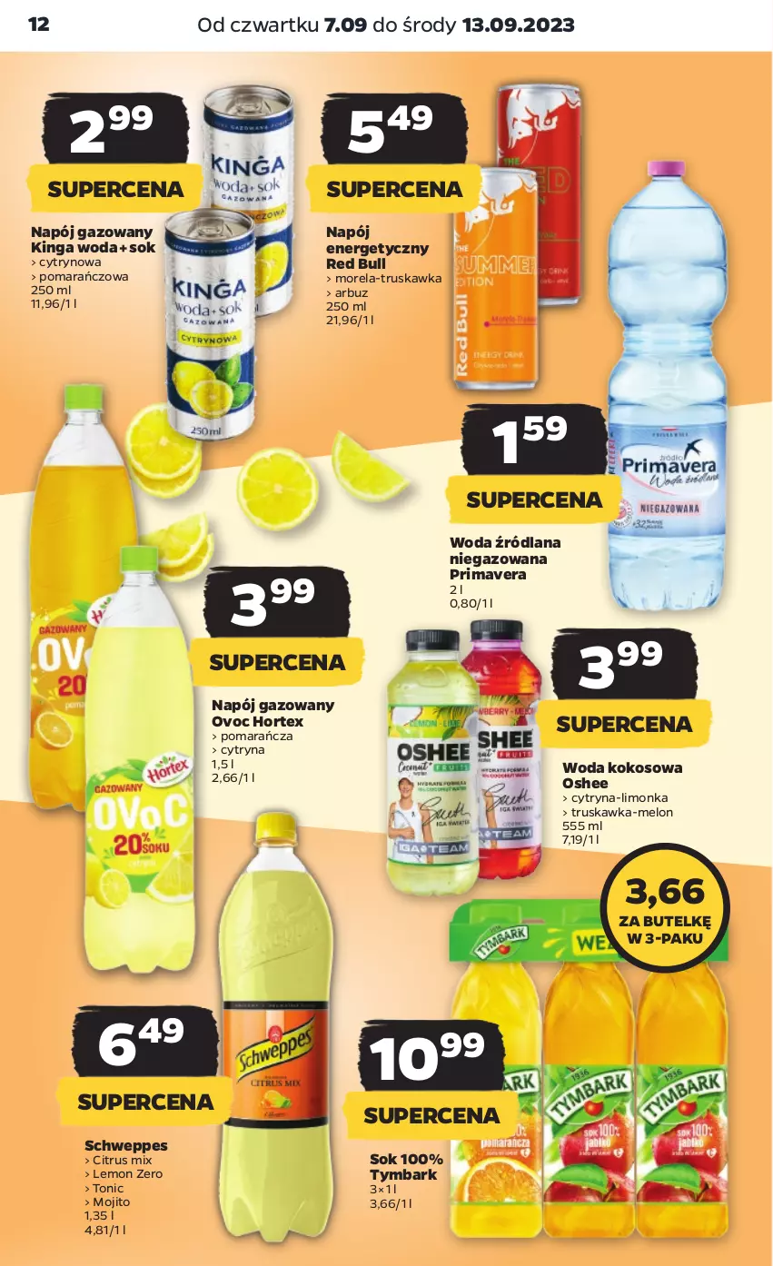 Gazetka promocyjna Netto - Artykuły spożywcze - ważna 07.09 do 13.09.2023 - strona 12 - produkty: Arbuz, Hortex, Kokos, LANA, Limonka, Melon, Morela, Napój, Napój energetyczny, Napój gazowany, Oshee, Prima, Primavera, Red Bull, Schweppes, Sok, Tymbark, Woda