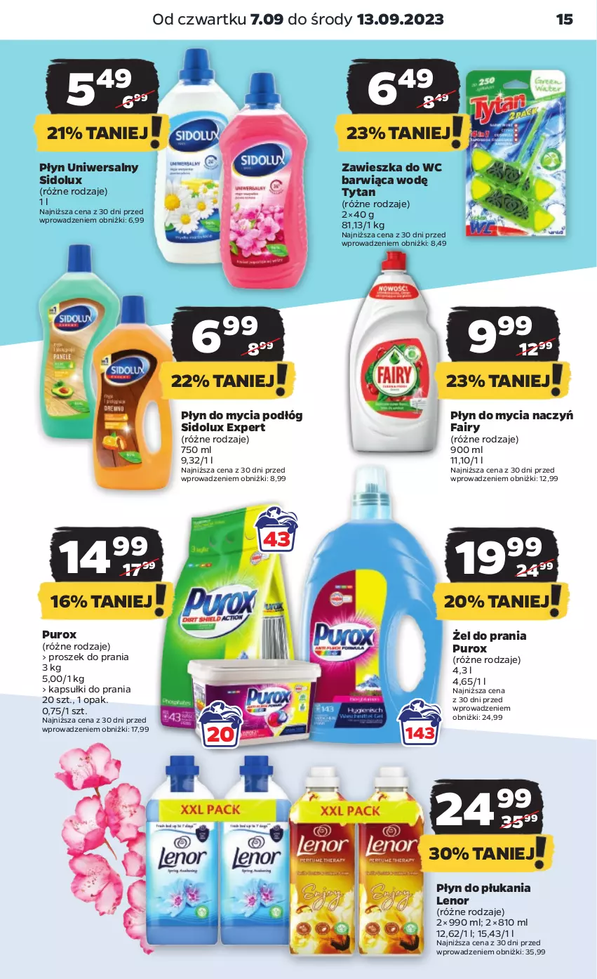 Gazetka promocyjna Netto - Artykuły spożywcze - ważna 07.09 do 13.09.2023 - strona 15 - produkty: Do mycia naczyń, Fa, Fairy, Kapsułki do prania, Lenor, Płyn do mycia, Płyn do mycia naczyń, Płyn do mycia podłóg, Płyn do płukania, Proszek do prania, Pur, Sidolux, Tytan, Zawieszka do wc