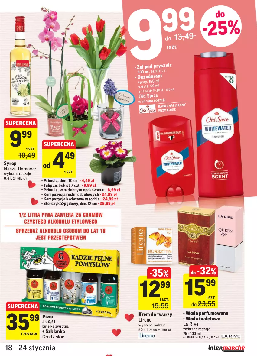 Gazetka promocyjna Intermarche - ważna 18.01 do 24.01.2022 - strona 3 - produkty: Bukiet, Dezodorant, Krem do twarzy, La Rive, Lirene, Old Spice, Perfum, Piwo, Primula, Storczyk, Syrop, Szklanka, Tulipan, Woda, Woda perfumowana, Woda toaletowa