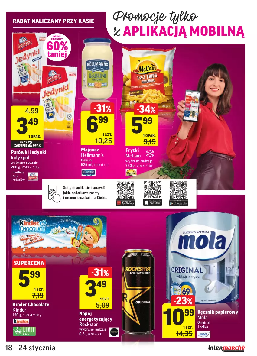 Gazetka promocyjna Intermarche - ważna 18.01 do 24.01.2022 - strona 33 - produkty: Babuni, Frytki, Gin, Kinder, Majonez, McCain, Mobil, Mola, Napój, Papier, Parówki, Ręcznik