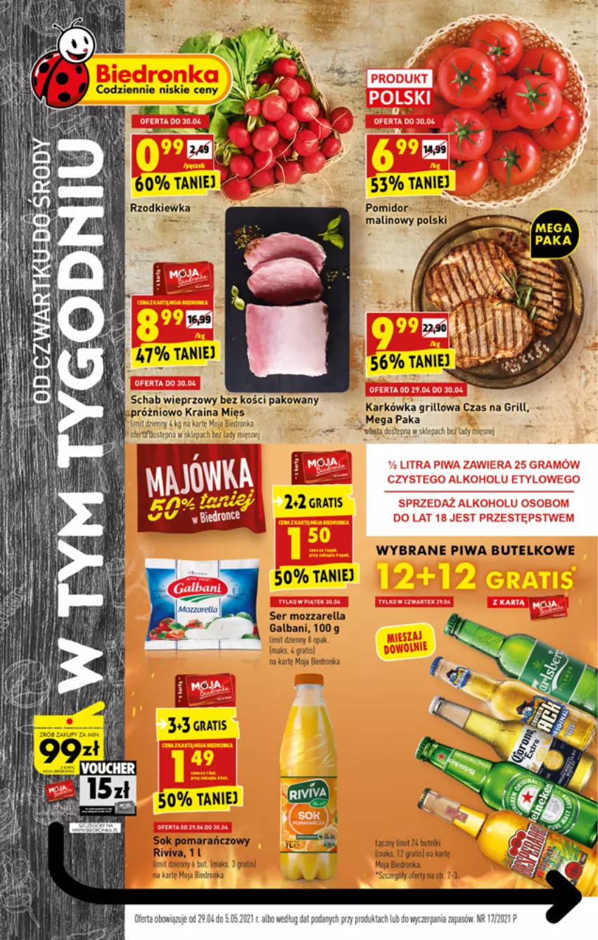 Gazetka promocyjna Biedronka - W tym tygodniu - ważna 29.04 do 05.05.2021 - strona 1 - produkty: Dron, Galbani, Gra, Grill, LG, Mozzarella, Piwa, Schab wieprzowy, Ser, Sok, Sok pomarańczowy