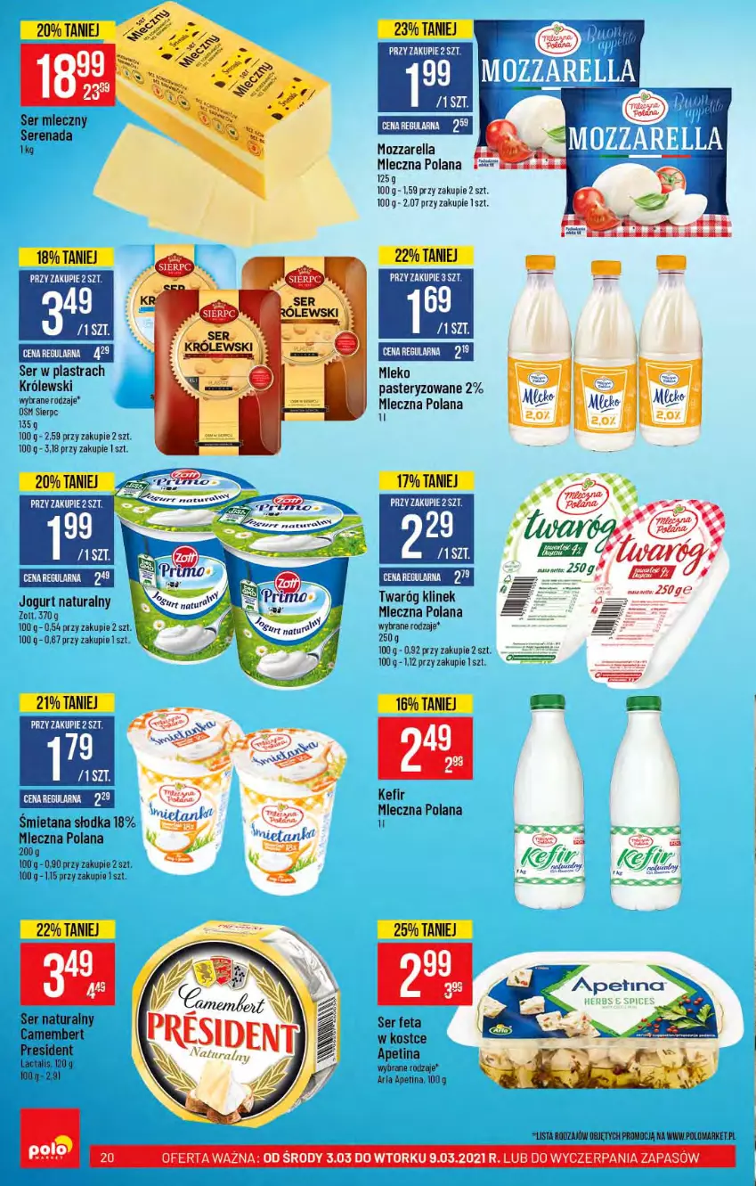 Gazetka promocyjna PoloMarket - Gazetka promocyjna  r - ważna 03.03 do 09.03.2021 - strona 20 - produkty: Feta, Jogurt, Jogurt naturalny, Kefir, Królewski, LANA, Mleko, Mozzarella, Ser, Twaróg, Zott