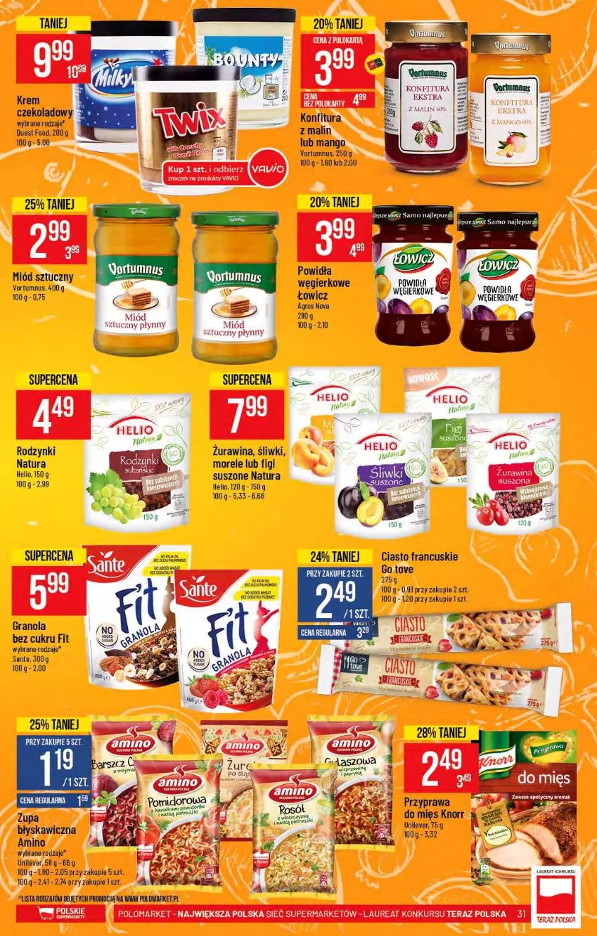 Gazetka promocyjna PoloMarket - Gazetka promocyjna  r - ważna 03.03 do 09.03.2021 - strona 31 - produkty: Ciasto francuskie, Figi, Gra, Granola, Helio, Knorr, Konfitura, Mango, Miód, Rodzynki, Sante