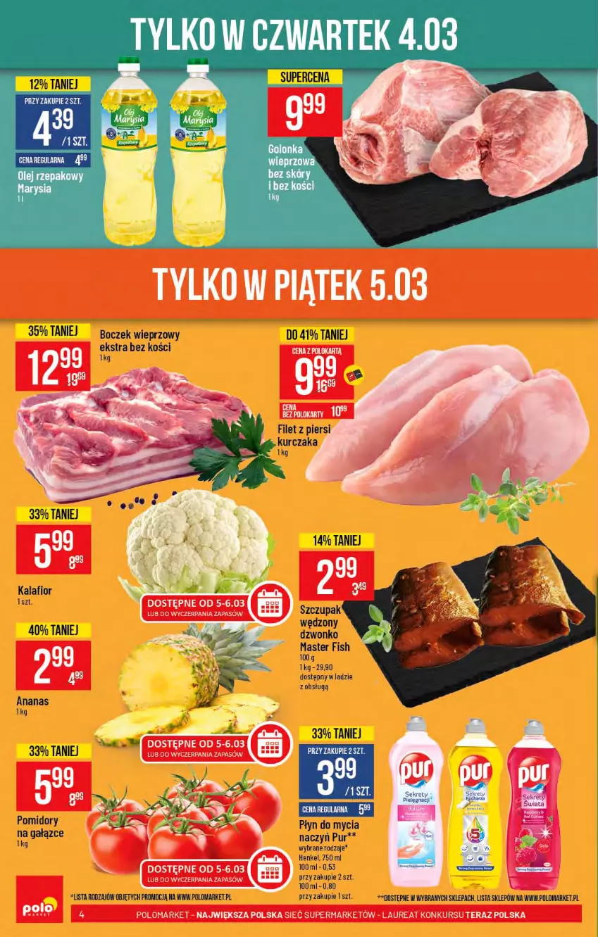 Gazetka promocyjna PoloMarket - Gazetka promocyjna  r - ważna 03.03 do 09.03.2021 - strona 4 - produkty: Ananas, Boczek, Boczek wieprzowy, Filet z piersi kurczaka, Kalafior, Kurczak, LG, Olej, Olej rzepakowy, Pomidory, Pur, Zupa