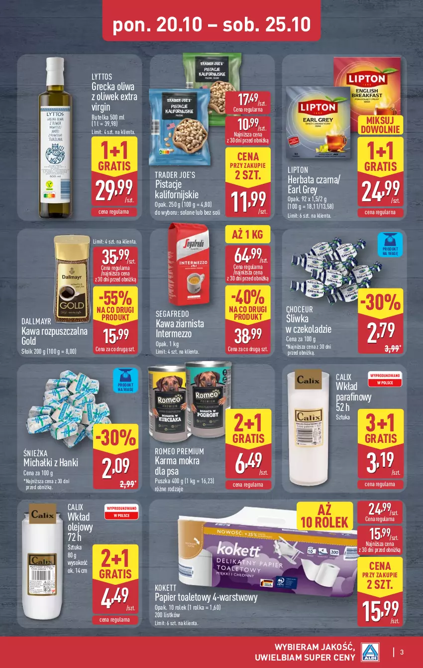 Gazetka promocyjna Aldi - Artykuły przemysłowe i tekstylia - ważna 23.10 do 25.10.2025 - strona 3 - produkty: Dallmayr, Earl Grey, Gin, Gra, Herbata, Herbata czarna, Kawa, Kawa rozpuszczalna, Kawa ziarnista, Lipton, Michałki, Olej, Oliwa z oliwek, Papier, Papier toaletowy, Pistacje, Segafredo, Sok, Wkład olejowy