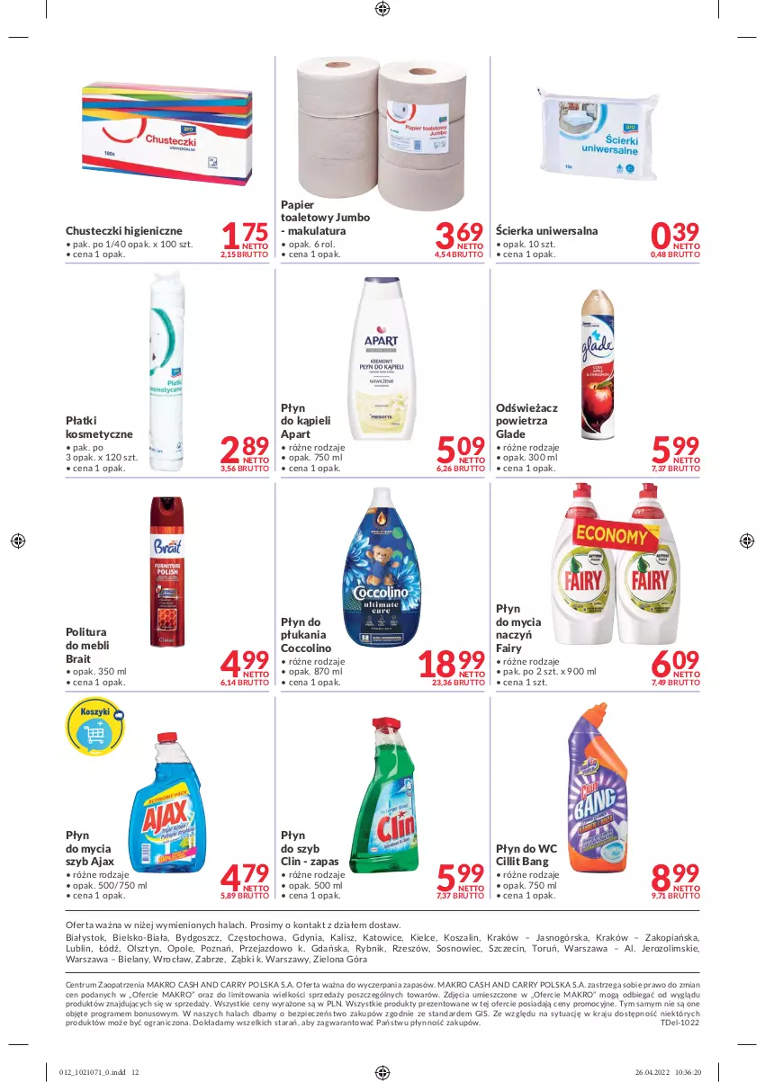 Gazetka promocyjna Makro - [Oferta promocyjna] Dostawy - ważna 04.05 do 16.05.2022 - strona 12 - produkty: Ajax, Chusteczki, Cillit Bang, Clin, Coccolino, Do mycia naczyń, Fa, Fairy, Gra, Kosz, Odświeżacz powietrza, Papier, Papier toaletowy, Piec, Płatki kosmetyczne, Płyn do kąpieli, Płyn do mycia, Płyn do mycia naczyń, Płyn do płukania, Płyn do szyb, Płyn do wc, Rum, Sos, Szal