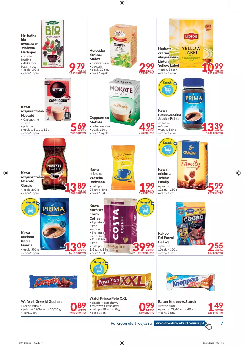 Gazetka promocyjna Makro - [Oferta promocyjna] Dostawy - ważna 04.05 do 16.05.2022 - strona 7 - produkty: Aronia, Baton, Cappuccino, Dzika róża, Fa, Goplana, Grześki, Herbapol, Herbata, Herbata czarna, Jacobs, Kakao, Kawa, Kawa mielona, Kawa rozpuszczalna, Kawa ziarnista, Knoppers, Kokos, LANA, Lipton, Nescafé, Prima, Prince Polo, Psi Patrol, Róża, Stek, Tchibo, Tchibo Family, Wafelek, Woseba